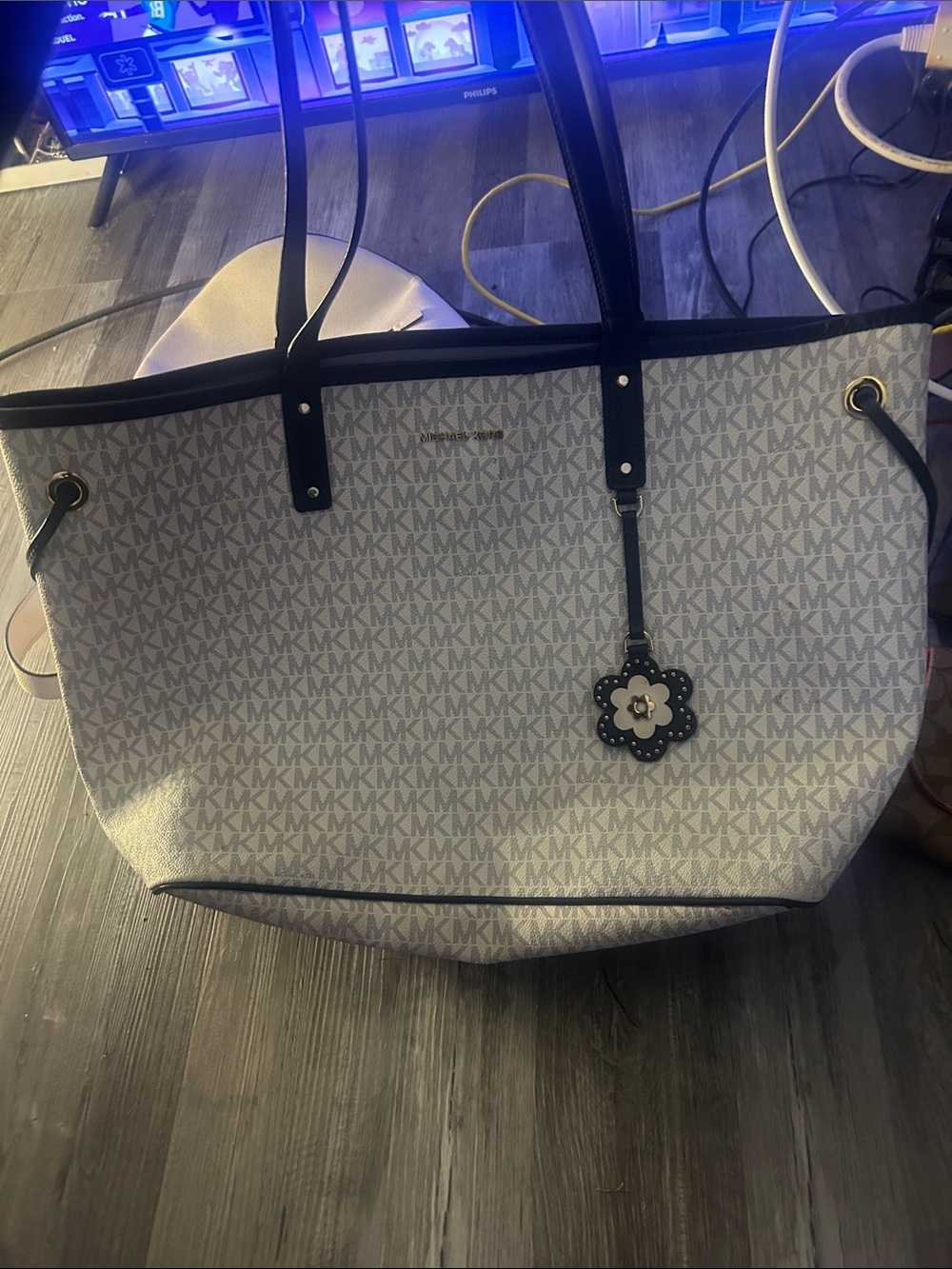 Michael Kors White and Black MK Monogram Tote with Floral Charm